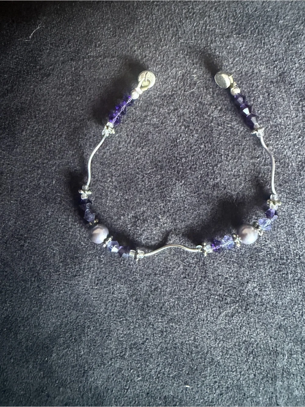 Hand crafted Purple Crystal & Pearl Accent Bracelet with Silver-Tone Details